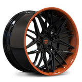 Custom forged concave Corvette wheels in black and orange, designed for aftermarket C8 applications.