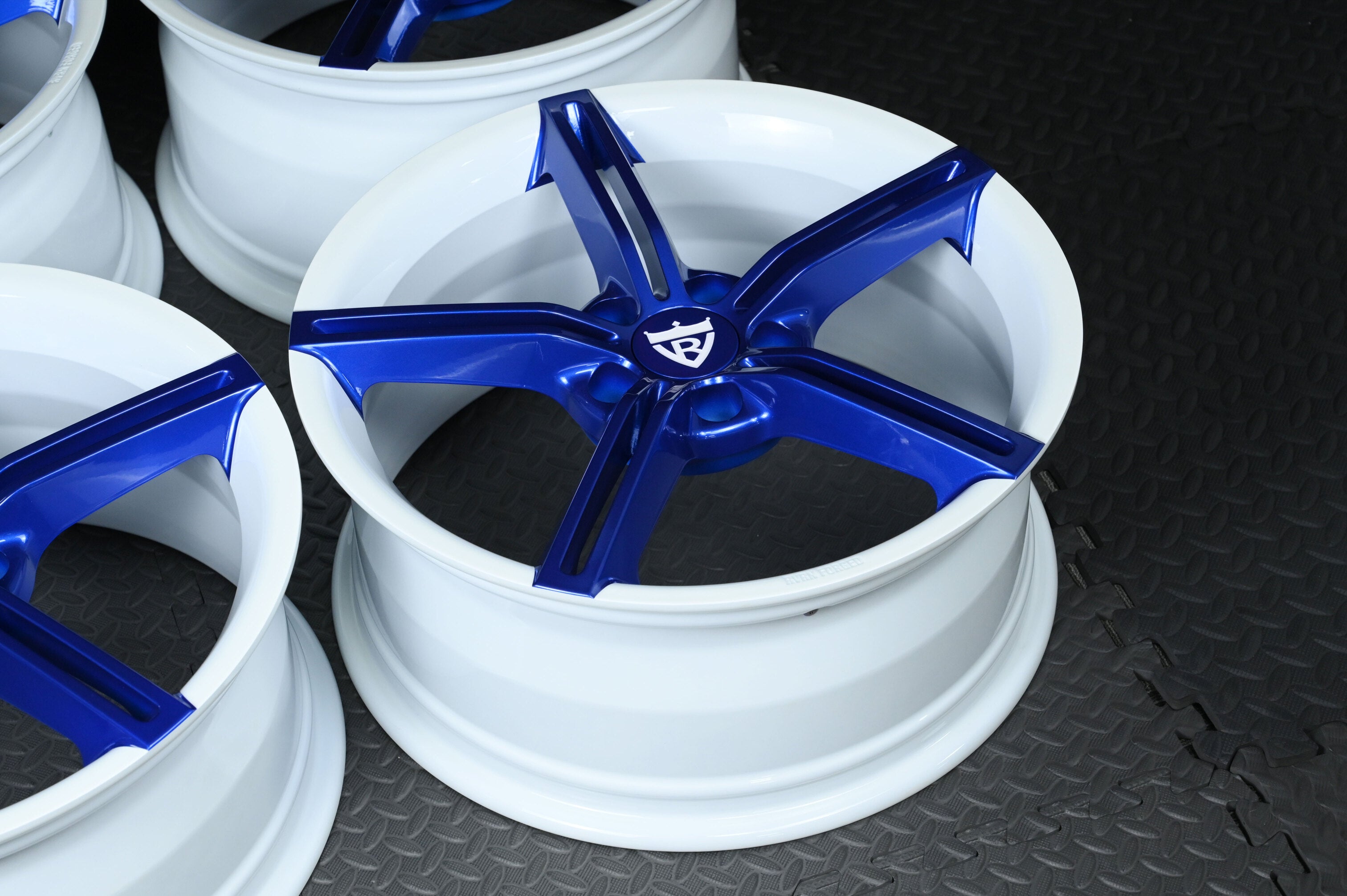 2009 Infiniti G37  Custom aftermarket wheels-forged monoblock rims-Ocean Blue. Pearl White-18x8. 18x9 setup