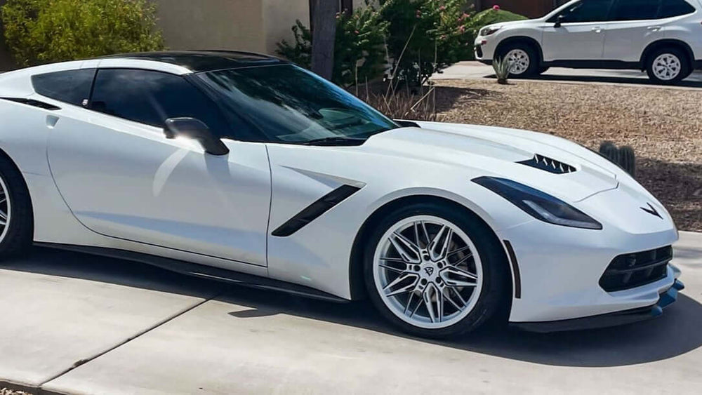 White 2016 Corvette C7 Stingray side view on Ivory White RVRN RV-MS808 forged wheels