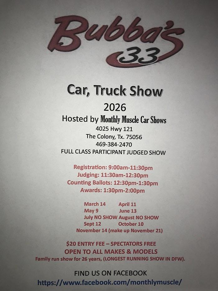 Official poster for the Bubba's 33 monthly community car show.