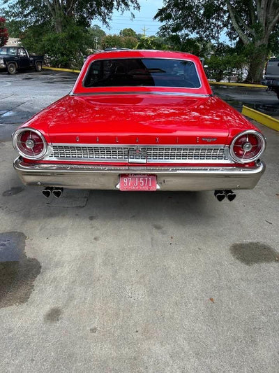 Side view of chrome and red forged wheels on 1963 Ford Galaxie, design your own wheels custom fitment