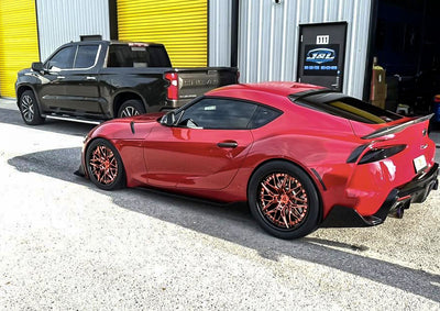 2021 Toyota Supra A90 with RVRN C081 custom forged wheels, front 19x9.5 rose gold & black rims installed.