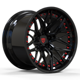 Custom forged concave Corvette C8 wheels in glossy black with red accents for enhanced style and performance.
