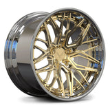 Custom forged concave Corvette C8 wheel in gold finish, showcasing intricate design and premium craftsmanship.