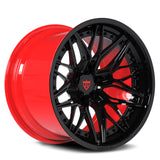 Custom forged Corvette C8 wheels in black and red finish, showcasing concave design and superior craftsmanship.