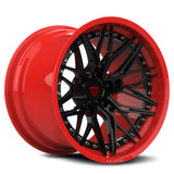 Custom forged Corvette C8 wheels with a sleek black and red design, perfect for enhancing vehicle aesthetics.