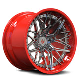 Custom forged red concave wheel with chrome accents, designed for Corvette C8 aftermarket applications.