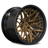 Custom forged 2-piece carbon fiber wheel in bronze finish, showcasing intricate design and luxury style.