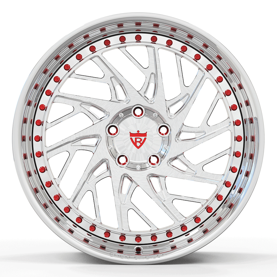 Custom forged deep dish wheel with red accents, ideal for Corvette C8 aftermarket enhancements.