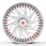 Custom forged deep dish wheel with red accents, ideal for Corvette C8 aftermarket enhancements.