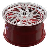 Custom forged 2-piece deep dish wheels in red, designed for Corvette C8 with a unique spoke pattern and polished finish.