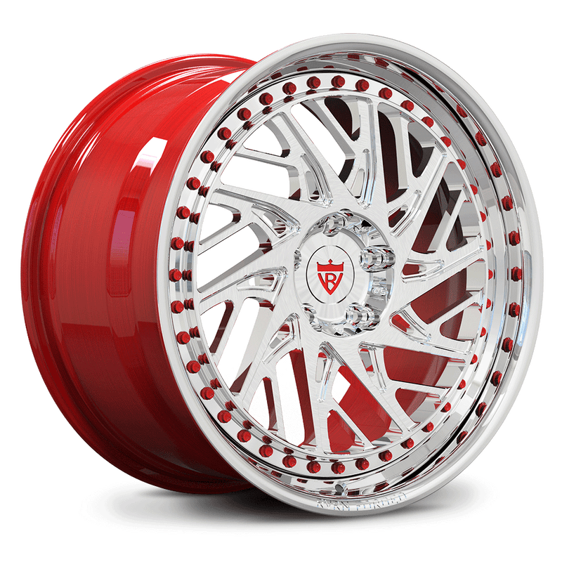 Custom forged red deep dish wheels for Corvette C8, featuring unique design and chrome accents.