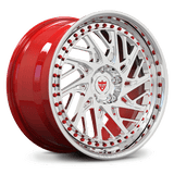 Custom forged red deep dish wheels for Corvette C8, featuring unique design and chrome accents.
