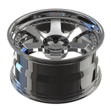 Polished Chrome forged 2-piece wheel angled view, showcasing RVRN’s premium step lip finish.