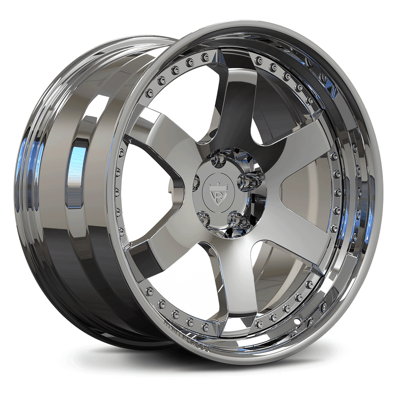 Chrome step lip forged wheel side profile – RVRN 2-piece forged design with gold rivets.