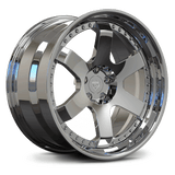 Chrome step lip forged wheel side profile – RVRN 2-piece forged design with gold rivets.