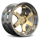 Chrome and Polished Frozen Gold forged 2-piece wheels, RVRN RV-DS01 step lip deep dish design.
