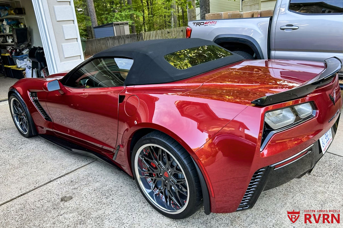 Rear view of Roderick Harrisons 2015 Corvette C7 Z06 with RV-T081 deep dish wheels and black soft top in North Carolina driveway