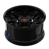 Front view of the RV-DM23 gloss black forged wheel, a custom 1-by-1 project optimized for zero-spacer fitment on Denali and AT4 trucks.