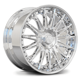 Custom forged 2-piece wheel, shiny chrome finish, designed for Acura MDX, 22" size, showcasing intricate spoke design.