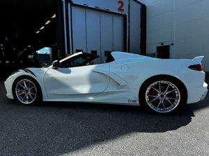 2021 Corvette C8 Stingray in white with RVRN Forged DB082 wheels, 19x8.5 front and 20x11 rear, chrome red finish, fully installed on the vehicle.