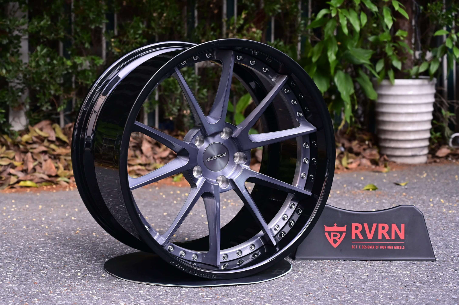 RVRN Forged RV-DC02 on 2019 Corvette C7 Z06, orange body with custom gray trim, transparent black 10-spoke deep dish wheels, 19x10 / 20x12, adjusted offset for maximum lip.