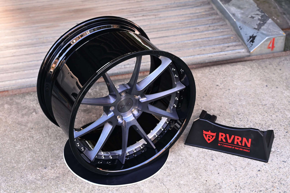 Close-up of RV-DC02 deep dish wheel on Corvette C7 Z06, showcasing transparent black spokes matching custom gray trim, aggressive lip, precision-forged finish.