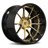 RVRN Forged 10-spoke deep dish 2-piece wheel in gold and black, showing concave lip and polished finish.