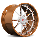 Angled perspective of RV-DC02 forged bronze wheel, 10-spoke deep dish, polished surface reflecting light for premium look.