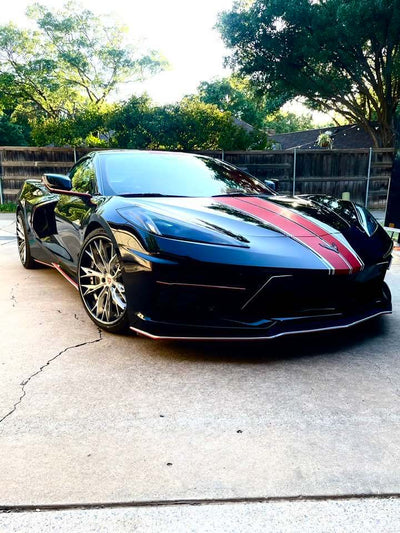 Side profile of 2024 Corvette C8 Z51 on RVRN RV-DC04 custom wheels, emphasizing fitment, brushed aluminum spokes, carbon flash metallic barrel, and RVRN red screws