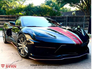 Close-up of 2024 Corvette C8 Z51 front RVRN RV-DC04 wheel, showing brushed aluminum spokes, carbon flash metallic barrel, and RVRN red screws
