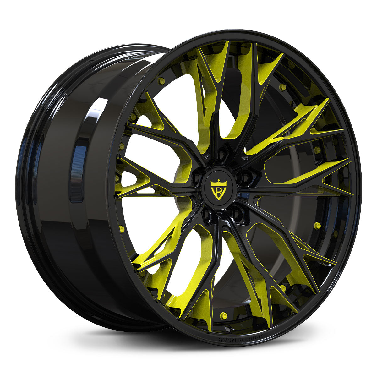 Custom forged 2-piece wheels RV-DC04 in black and yellow for Corvette C8, showcasing aggressive design and performance.