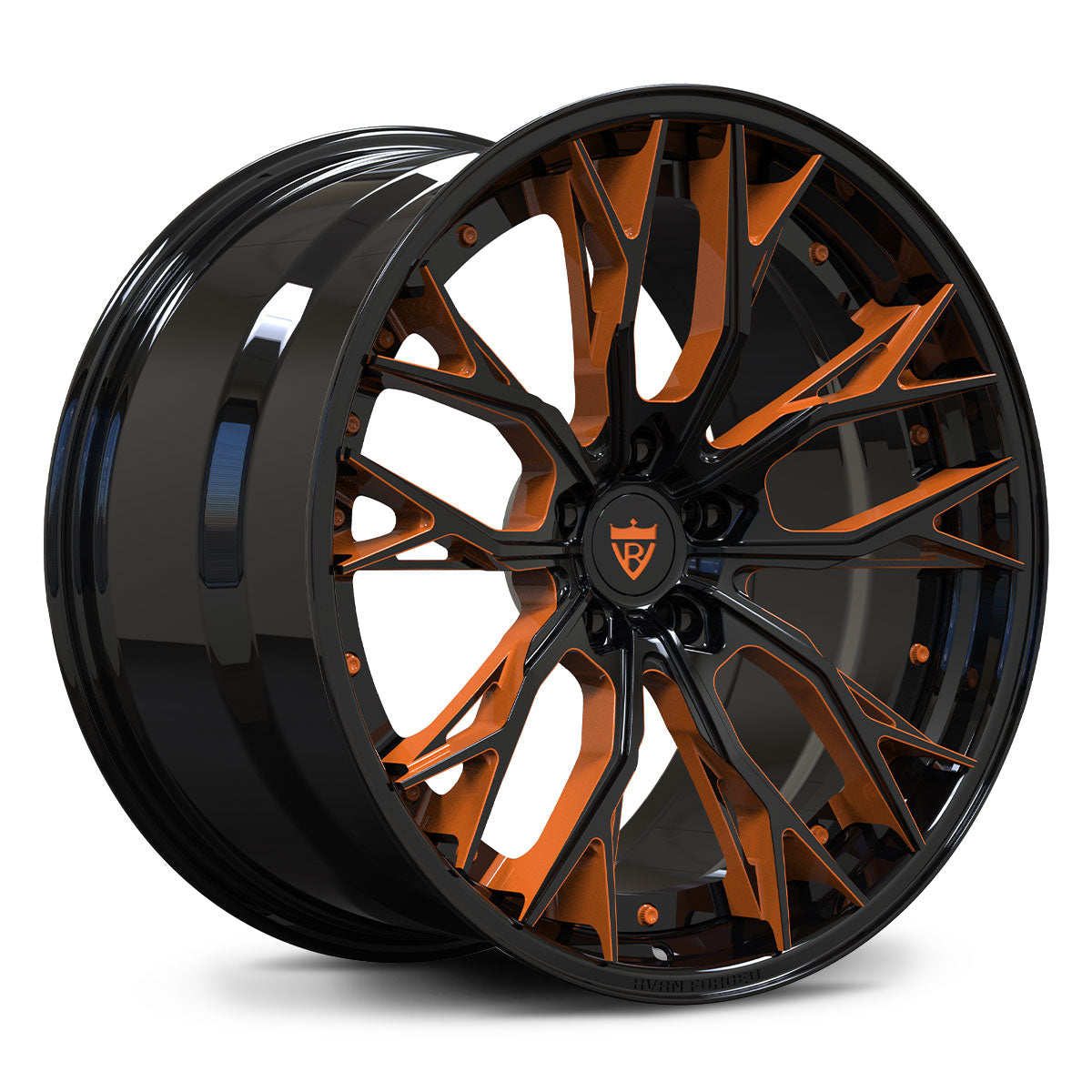 Custom forged RV-DC04 wheel in black and color-matched sebring orange for Corvette C8 and other vehicles.