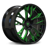 Custom forged 2-piece wheel RV-DC04 with aggressive black and green design, perfect for Corvette C8 and other vehicles.