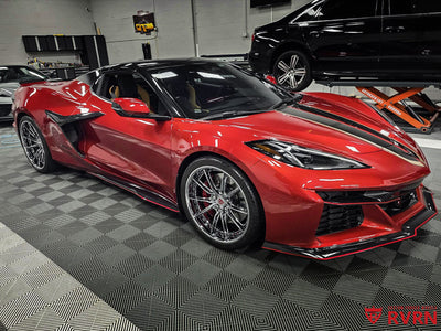 Side profile of C8 Corvette Z06 with chrome forged aftermarket wheels, aggressive stance and fitment