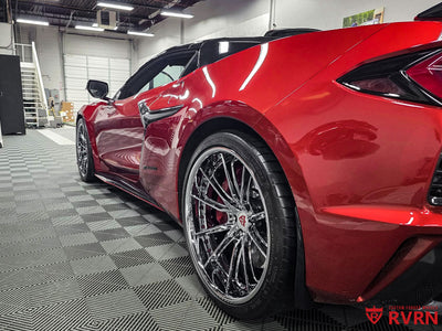 Rear stance of 2024 Corvette C8 Z06 with 21x13 chrome forged wheels, wide fitment aftermarket design