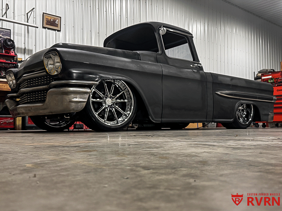 1958 Chevy Apache Pickup fitted with custom forged wheels, 22x9 front and 22x12 rear, classic truck stance, design your own wheels