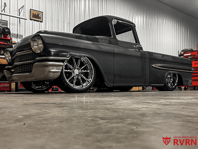 1958 Chevy Apache Pickup fitted with custom forged wheels, 22x9 front and 22x12 rear, classic truck stance, design your own wheels
