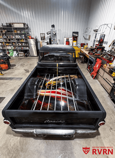 Close-up detail of 22-inch forged wheel machining on Chevy Apache Pickup, precision finish, custom-built design your own wheels