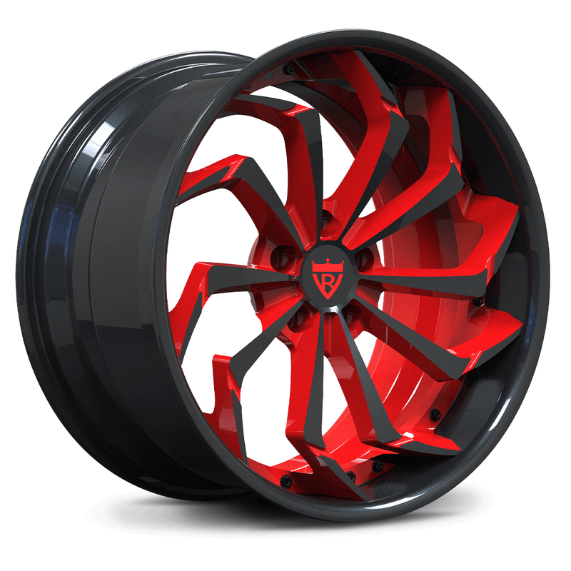 CUSTOM FORGED 2-PIECE CARBON FLASH METALLIC WHEELS: RV-DC06 with striking red and black design, showcasing a custom forged finish.