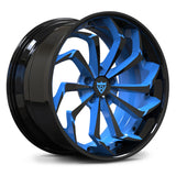 CUSTOM FORGED 2-PIECE WHEELS: RV-DC06 in black and blue finish, showcasing custom directional design for Corvette.