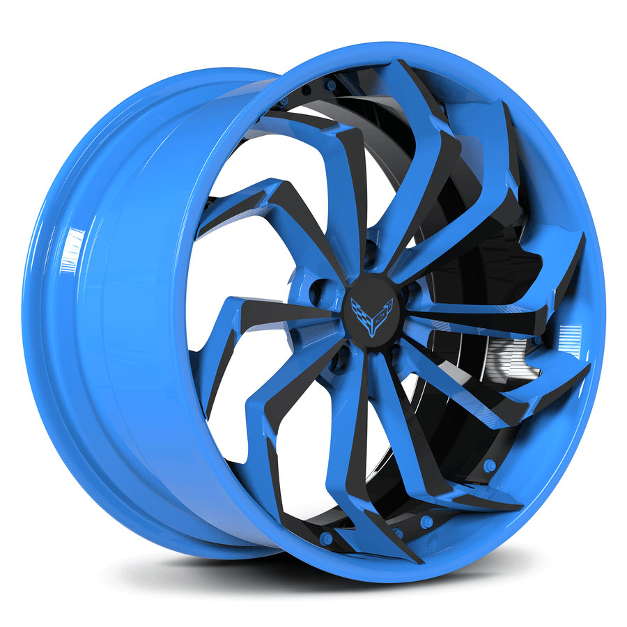 CUSTOM FORGED 2-PIECE WHEELS: RV-DC06 in vibrant blue finish, perfect for Corvette custom wheels and custom directional wheels.