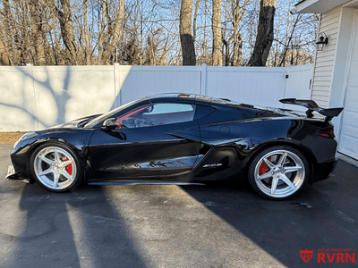 Angled view of 2026 Corvette C8 Z06 showing 20x10 front and 21x13 rear RVRN super concave 6-spoke wheels in brushed aluminum