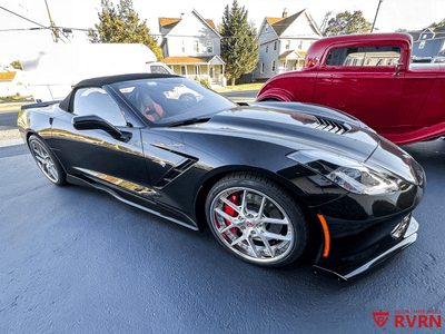 2026 Corvette C8 Z06 stance shot with 20x10 front and 21x13 rear RVRN super concave forged wheels, brushed aluminum finish
