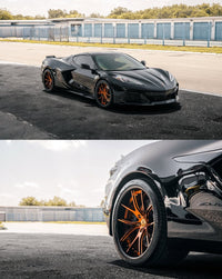 2025 Corvette C8 Z06 featuring custom super concave bronze rims by rvrn forged wheels in a sleek outdoor setting.