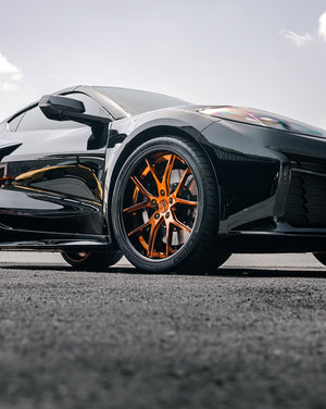2025 Corvette C8 Z06 showcasing custom super concave bronze rims by RVRN forged wheels.