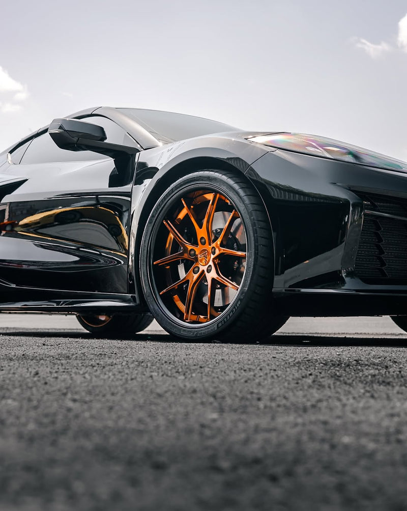 2025 Corvette C8 Z06 showcasing custom super concave bronze rims by RVRN forged wheels.