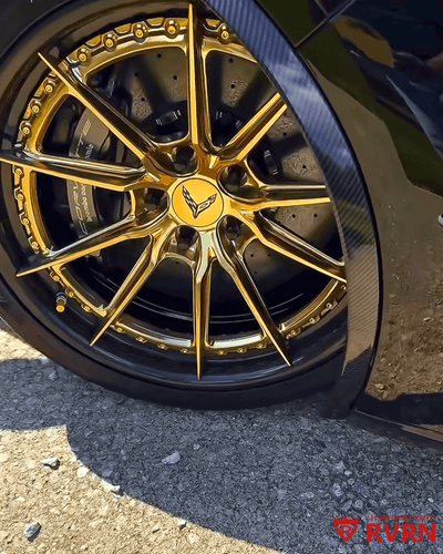 Rear fitment detail of 2025 Corvette C8 E-Ray on RVRN carbon fiber wheels 21x13 wide rear setup