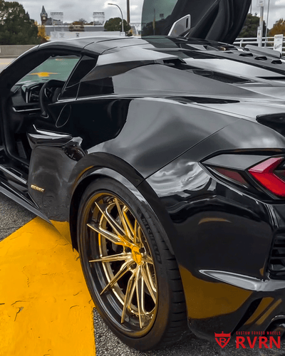 Close-up of RVRN gold carbon fiber wheel finish on 2025 Corvette C8 E-Ray performance build
