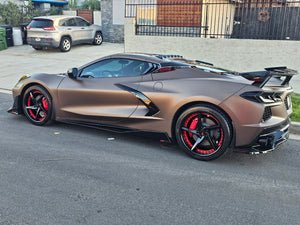 Rear fitment of 20x11 forged red and black rims on Corvette C8 Z51, custom aftermarket wheels for aggressive stance